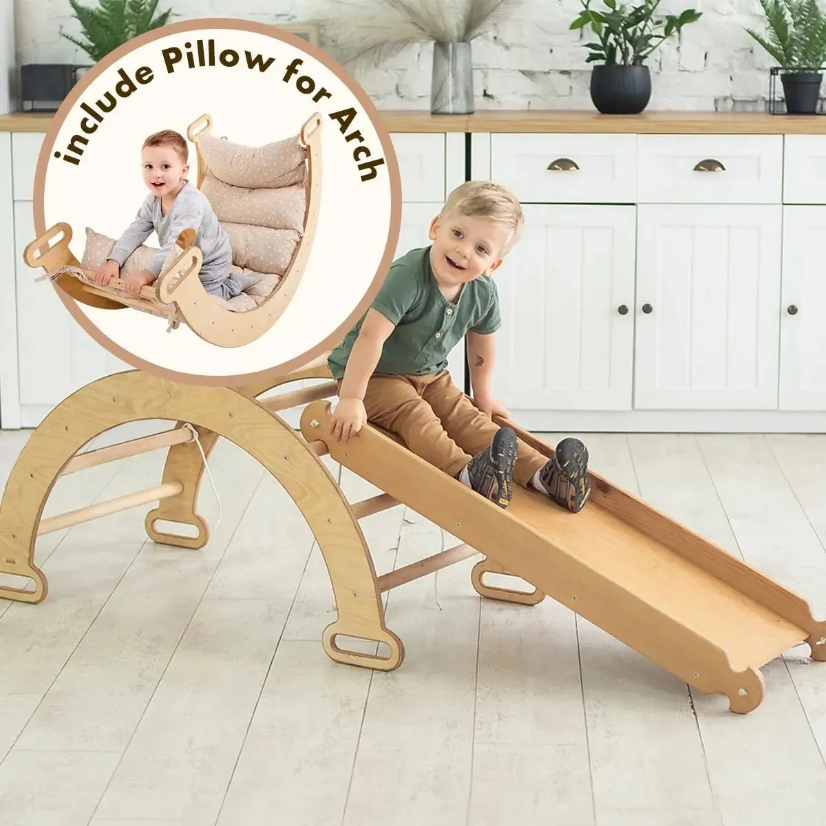 3in1 Montessori Playset For Toddlers: Arch   Slide   Cushion - Chocolate