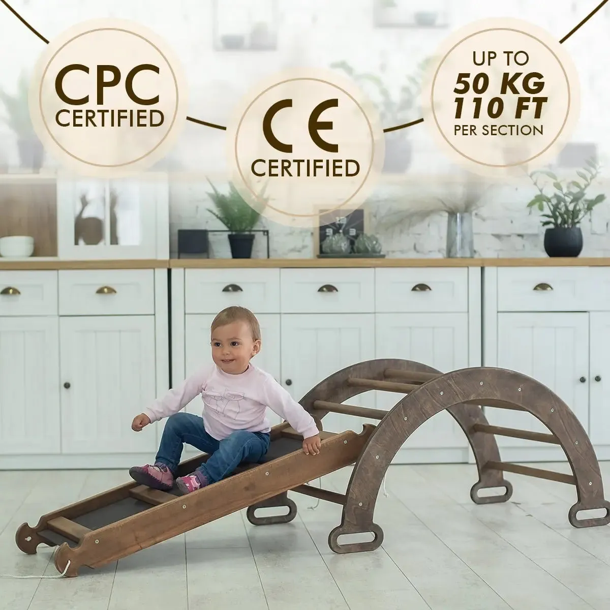 3in1 Montessori Playset For Toddlers: Arch   Slide   Cushion - Chocolate