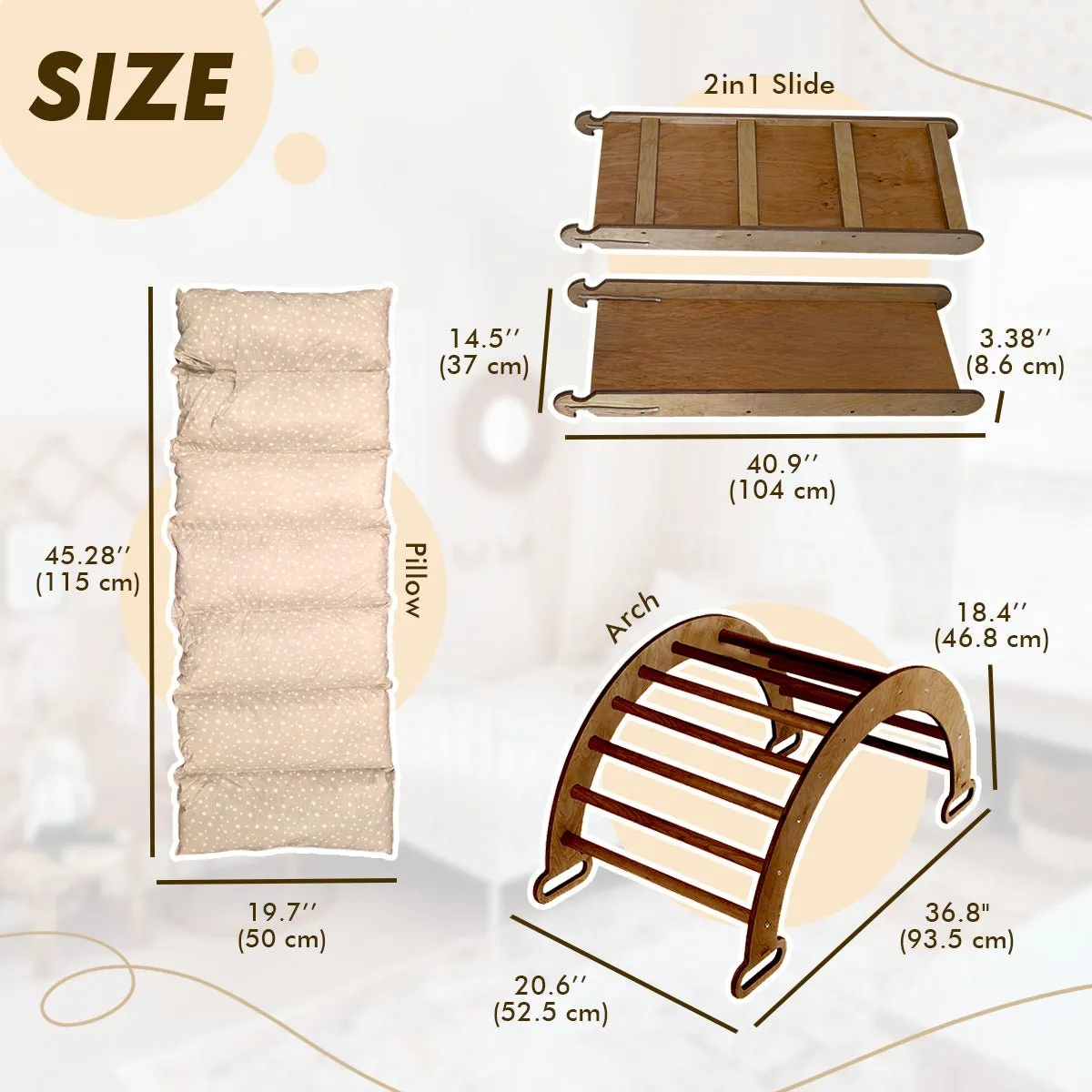 3in1 Montessori Playset For Toddlers: Arch   Slide   Cushion - Chocolate
