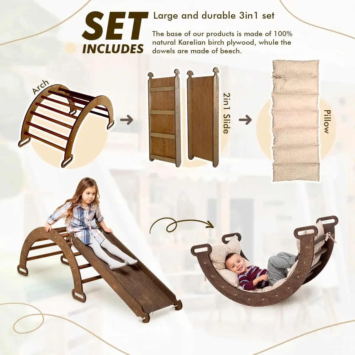 3in1 Montessori Playset For Toddlers: Arch   Slide   Cushion - Chocolate