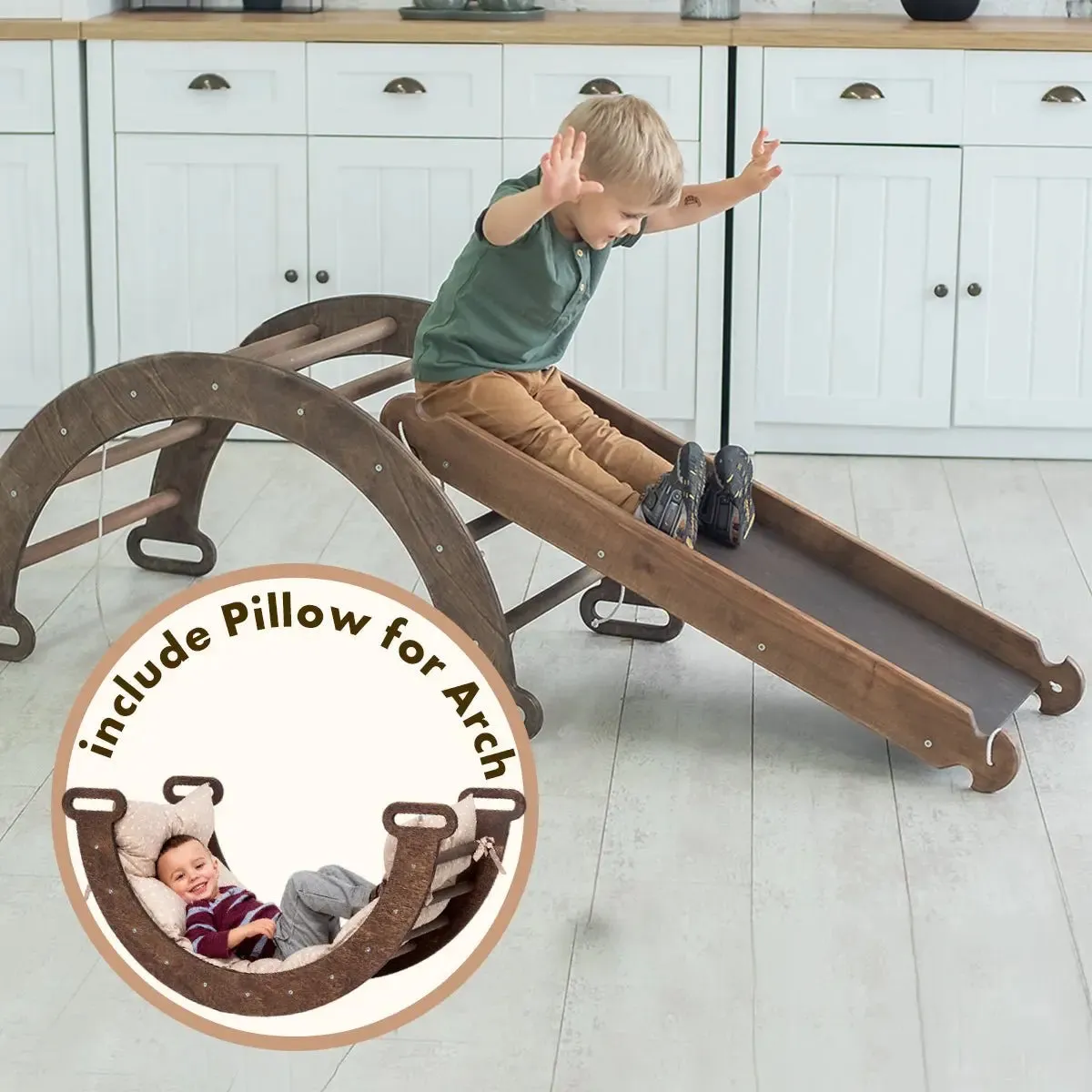 3in1 Montessori Playset For Toddlers: Arch   Slide   Cushion - Chocolate