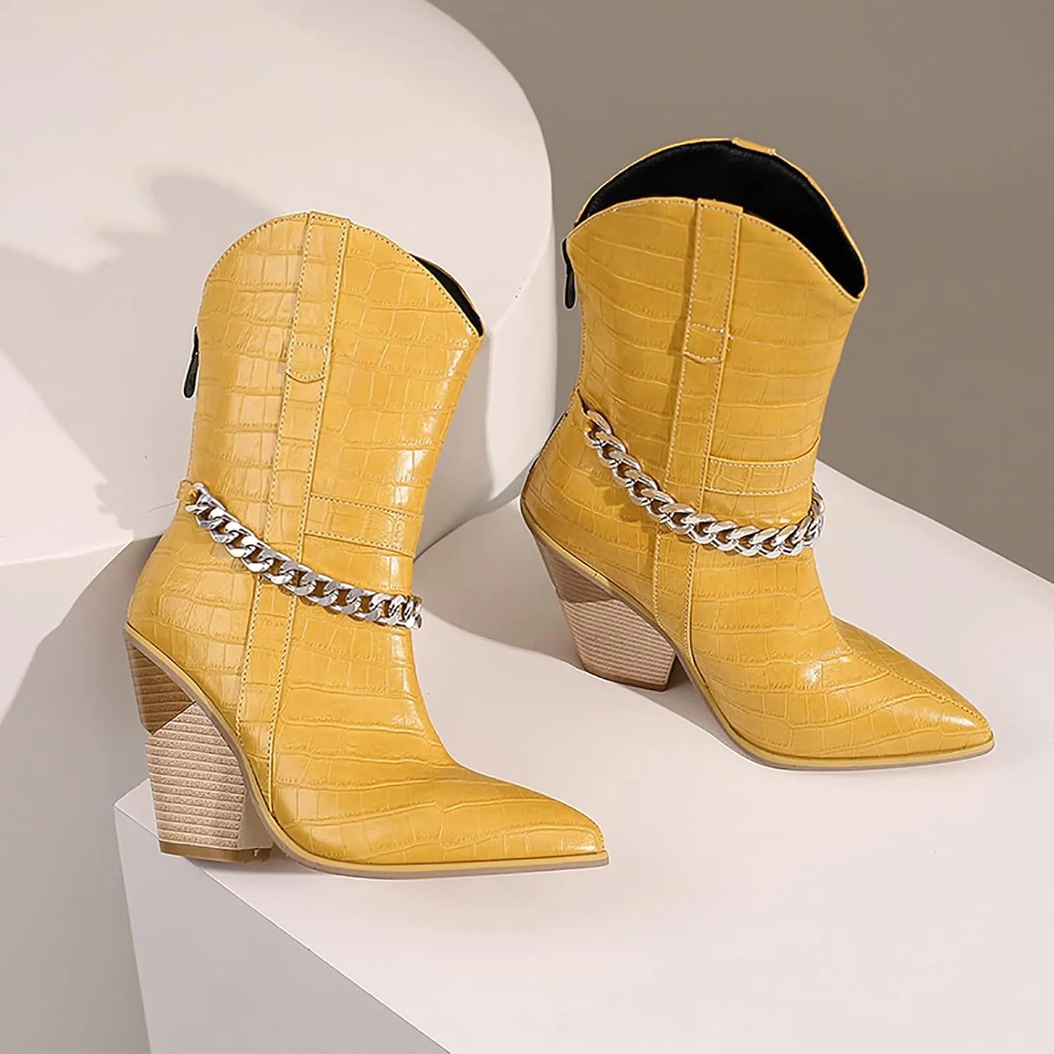 Ankle Cowboy Boots for Women Wide Calf Cowgirl Boots Retro Pointed Toe Chunky Heel Thick Heel Slip on Back Zipper