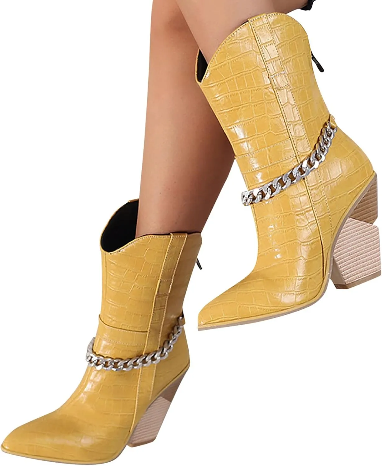 Ankle Cowboy Boots for Women Wide Calf Cowgirl Boots Retro Pointed Toe Chunky Heel Thick Heel Slip on Back Zipper