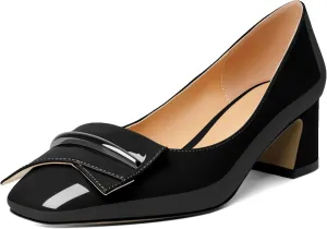 AUMOTED Women's Chunky Low Block Heels Closed Toe Dress Pumps Shoes Square Toe Heels Slip On 2 Inch Patent Buckle Bow Pumps