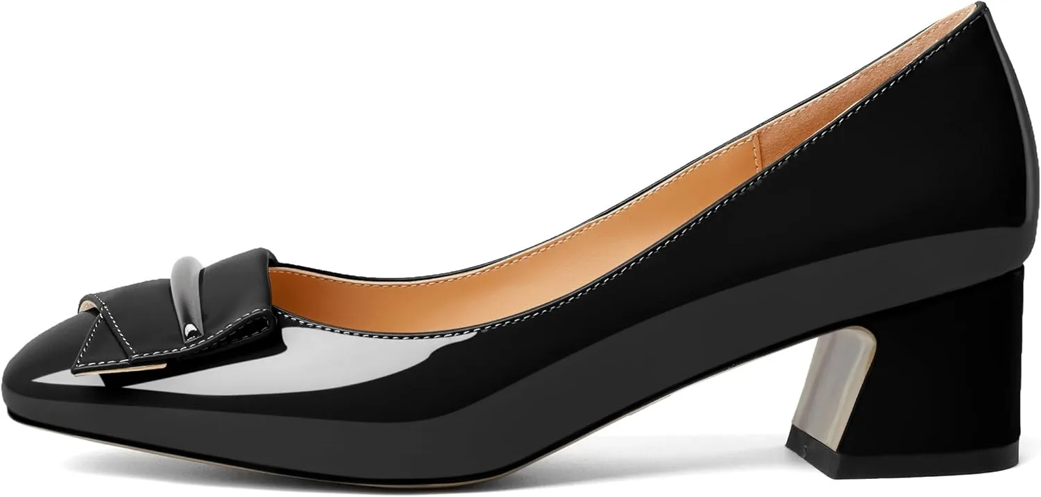 AUMOTED Women's Chunky Low Block Heels Closed Toe Dress Pumps Shoes Square Toe Heels Slip On 2 Inch Patent Buckle Bow Pumps