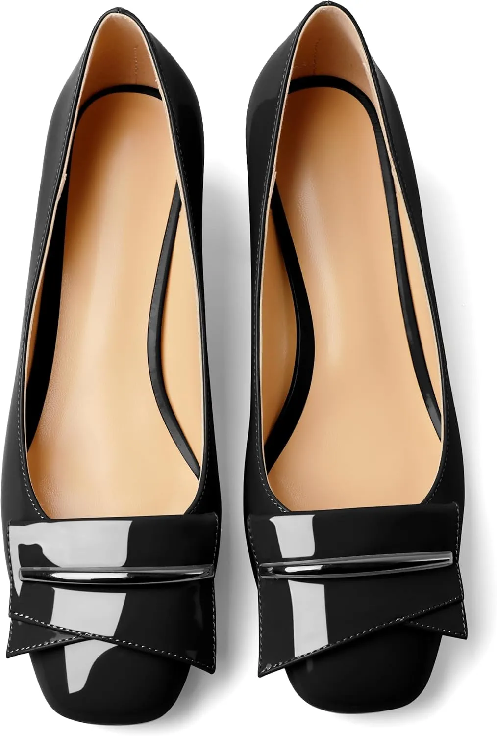 AUMOTED Women's Chunky Low Block Heels Closed Toe Dress Pumps Shoes Square Toe Heels Slip On 2 Inch Patent Buckle Bow Pumps