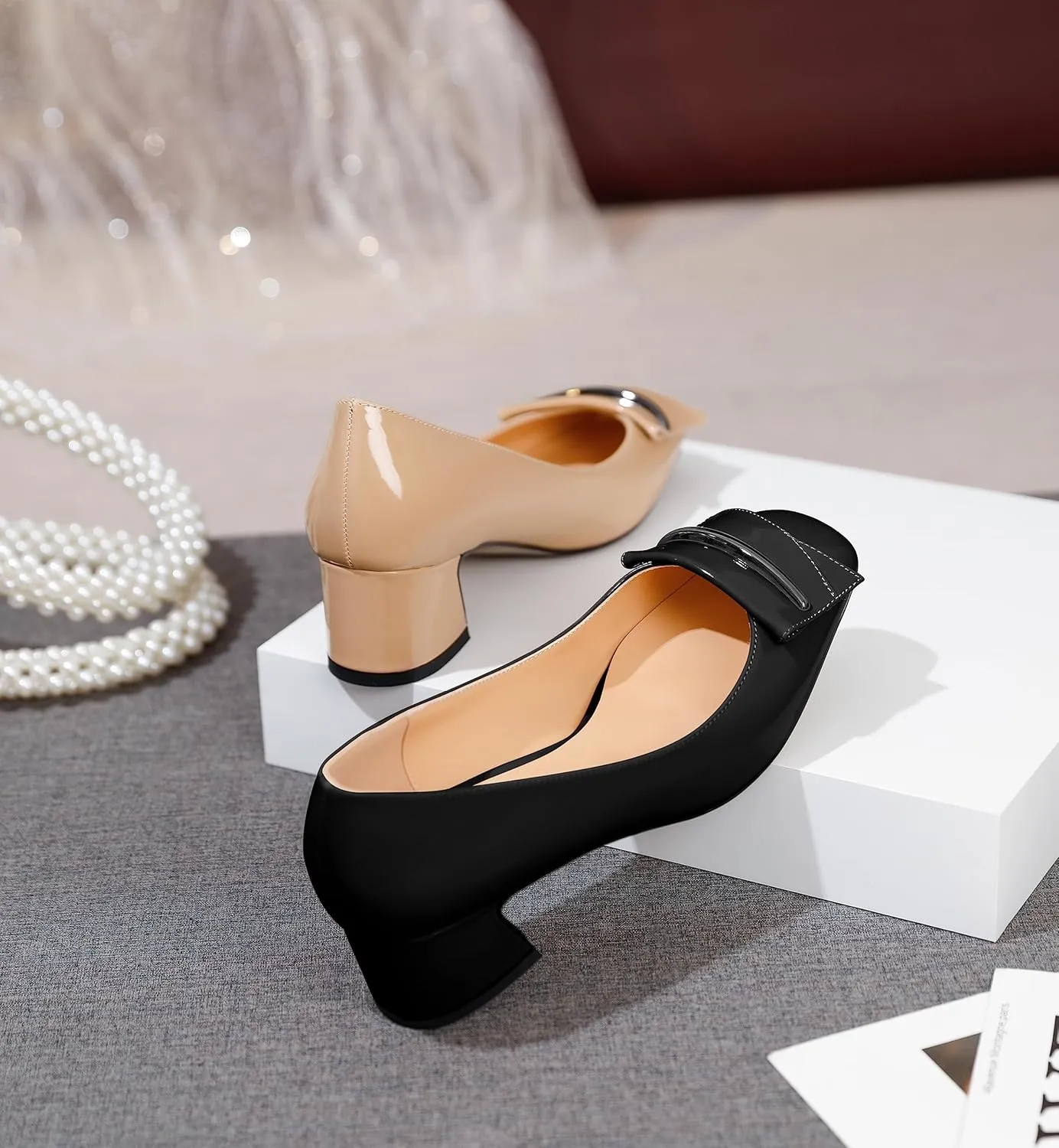 AUMOTED Women's Chunky Low Block Heels Closed Toe Dress Pumps Shoes Square Toe Heels Slip On 2 Inch Patent Buckle Bow Pumps