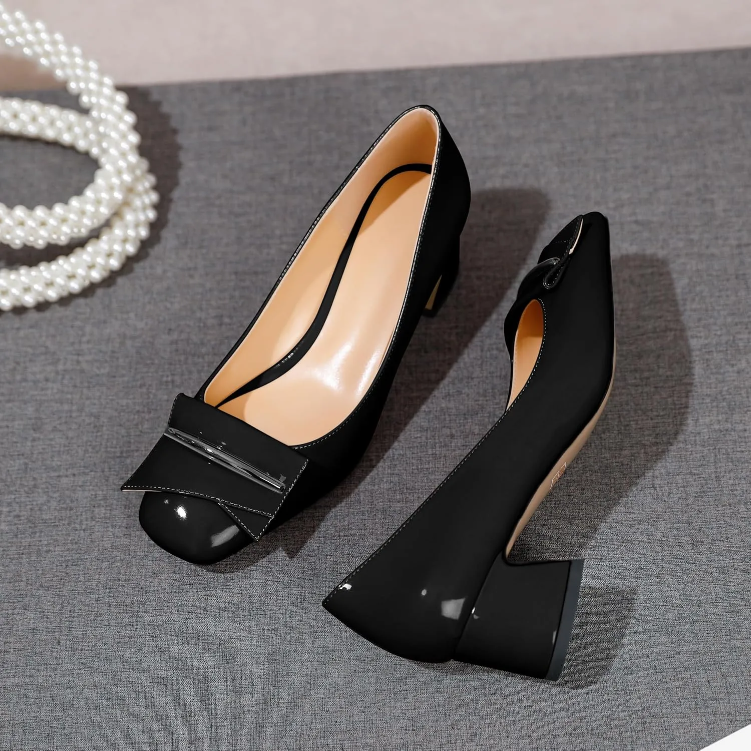 AUMOTED Women's Chunky Low Block Heels Closed Toe Dress Pumps Shoes Square Toe Heels Slip On 2 Inch Patent Buckle Bow Pumps