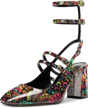 Castamere Women Chunky Block Mid Heel Square Toe Slingback Gladiator Pumps Wedding Prom 2.6 Inches Heels