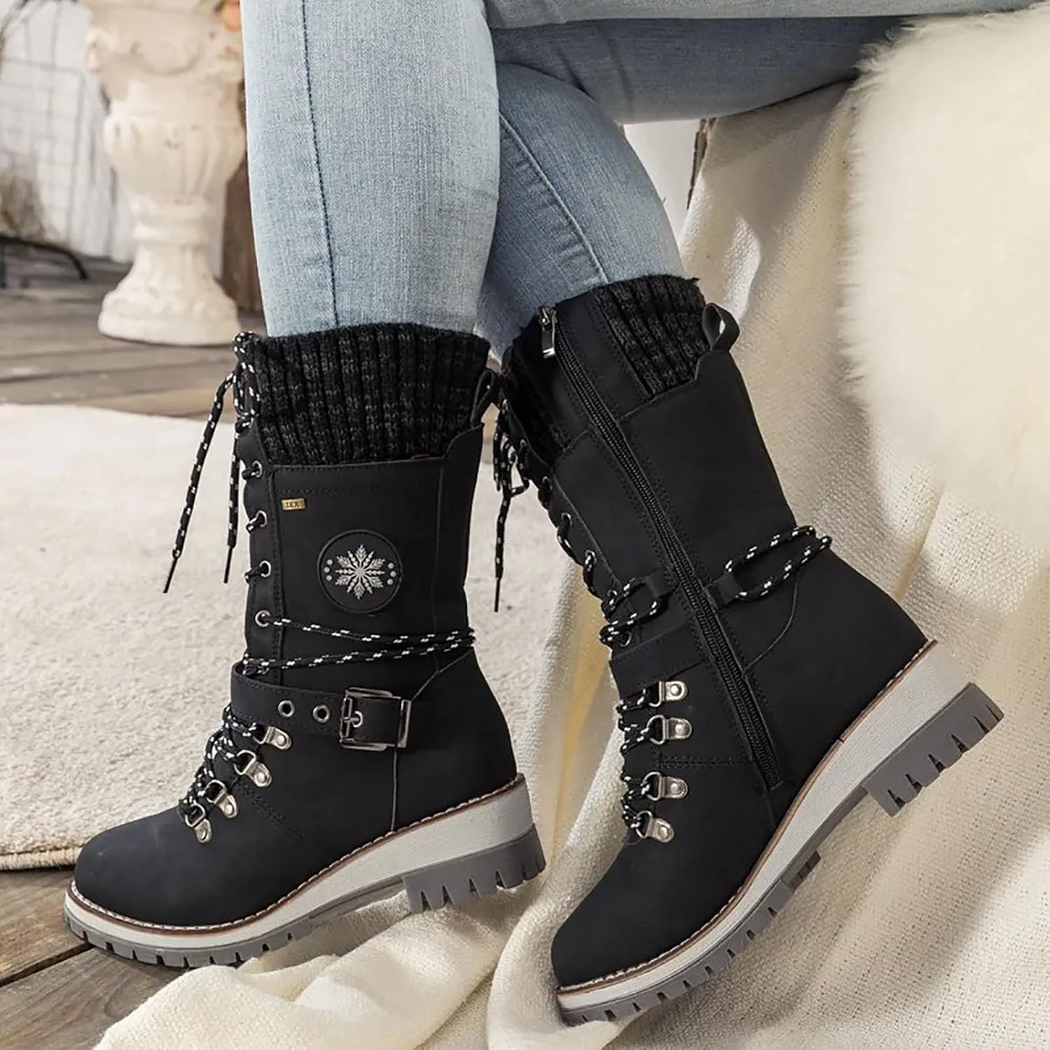 Cathalem Waterproof Winter Snow Boots for Women Insulated-Warm Fur-Lined Booties Lightweight Comfortable Casual Boots Cushion Outdoor Walking Boots Slip-Resistant Anti-Slip Leather Boots
