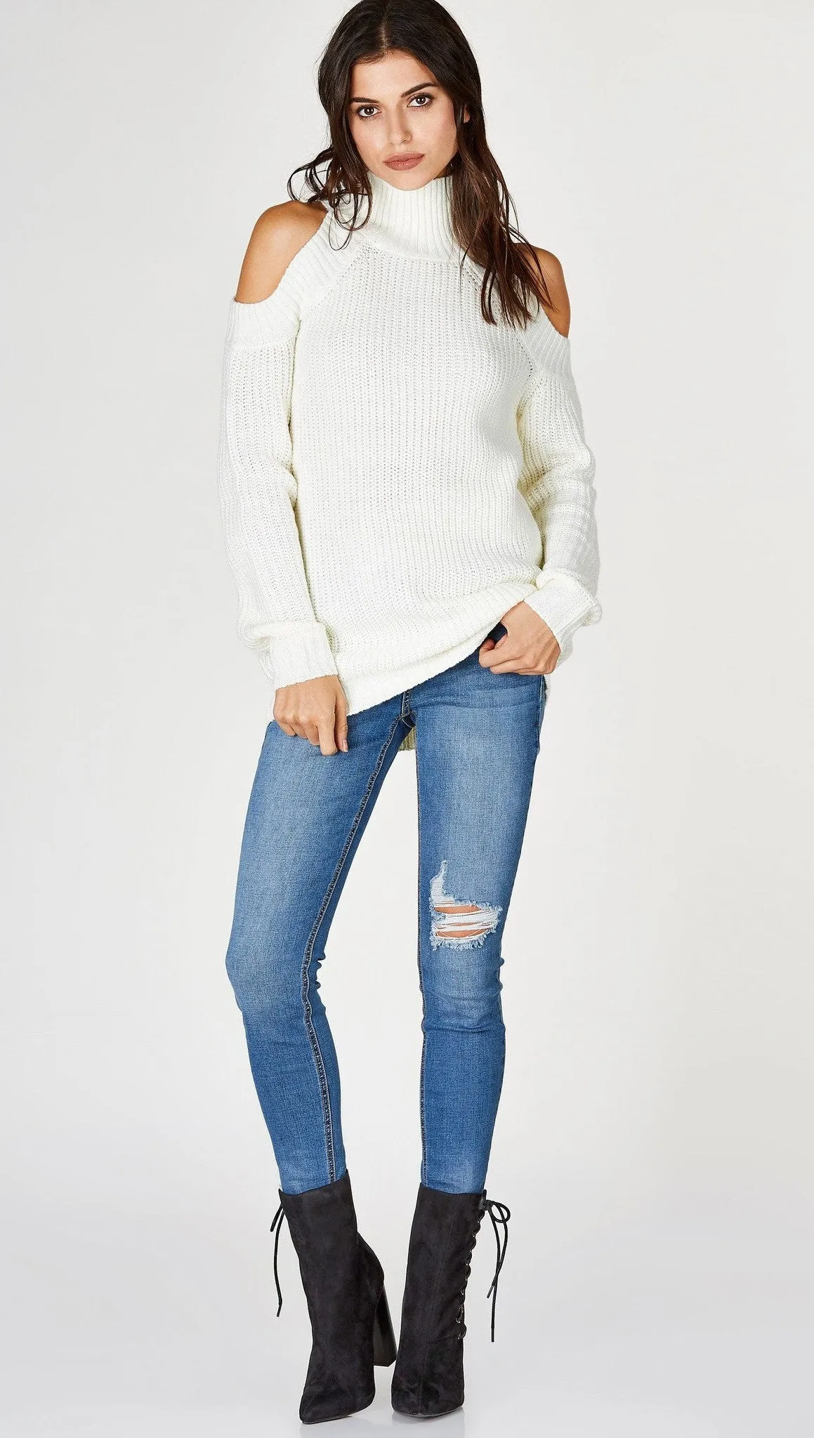 Cold Shoulder Mock Turtleneck Sweater Ivory