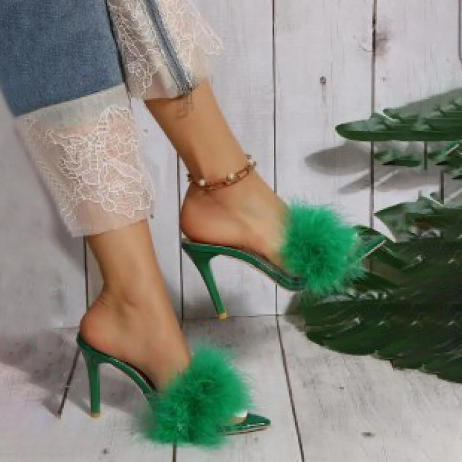 High Heels for Women Round Toe Heels Sandal Feather Sexy Slippers Heeled Slippers Stiletto Heels Bridal Shoes