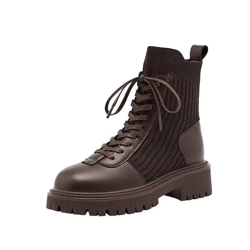 Hnzxzm Booties Lace-up Sock Black Female Ankle Boots Punk Style Footwear Combat with Laces Short Shoes for Women Fashion 2024 New Rock