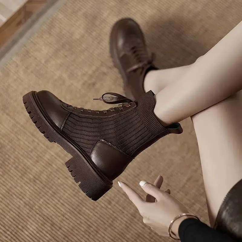 Hnzxzm Booties Lace-up Sock Black Female Ankle Boots Punk Style Footwear Combat with Laces Short Shoes for Women Fashion 2024 New Rock