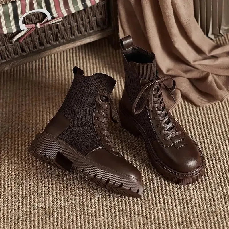 Hnzxzm Booties Lace-up Sock Black Female Ankle Boots Punk Style Footwear Combat with Laces Short Shoes for Women Fashion 2024 New Rock