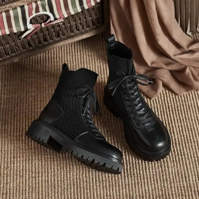 Hnzxzm Booties Lace-up Sock Black Female Ankle Boots Punk Style Footwear Combat with Laces Short Shoes for Women Fashion 2024 New Rock