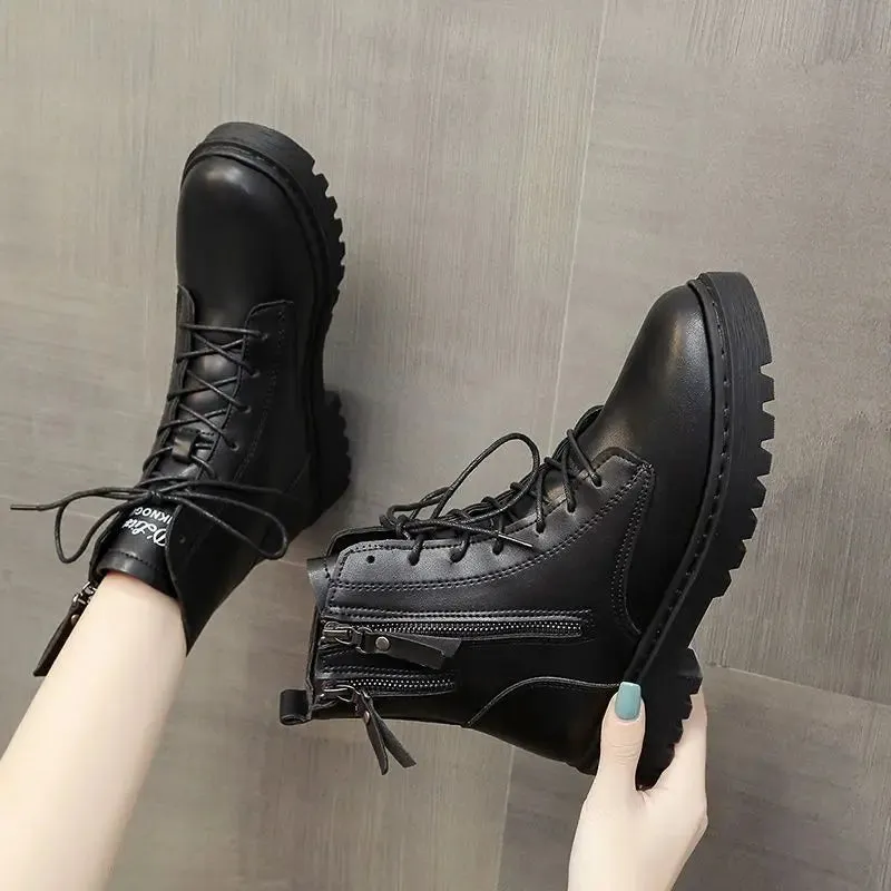 Hnzxzm Footwear Combat Booties Tassel Round Toe Short Shoes for Woman Chunky High Platform Women's Ankle Boots Punk Style Pu Trend 2024