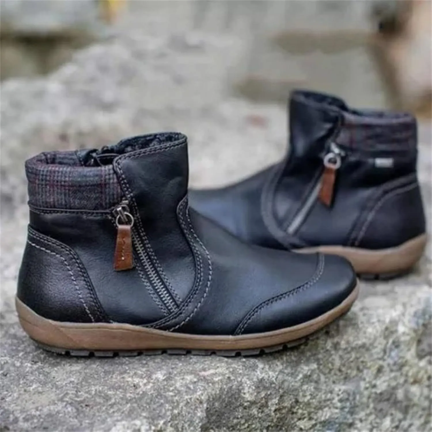 Ladmiple Ankle Boots For Women No Heel Casual Side Zipper Fashion Booties Cowboy Cowgirl Western Booties Walking Shoes
