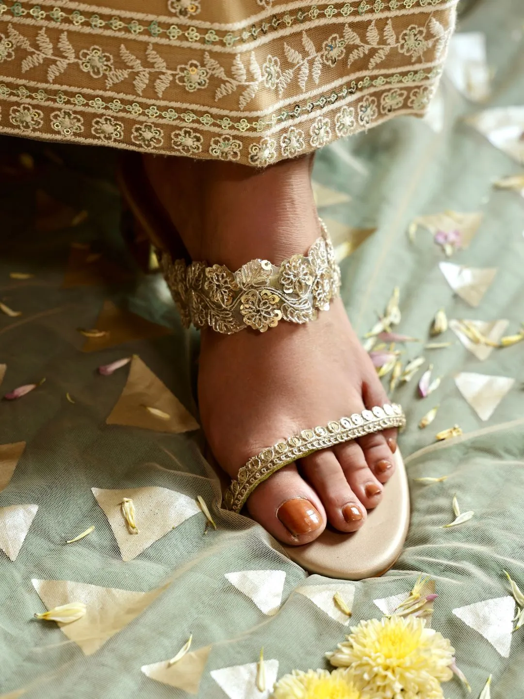 Light Gold Embroidered Block Heels