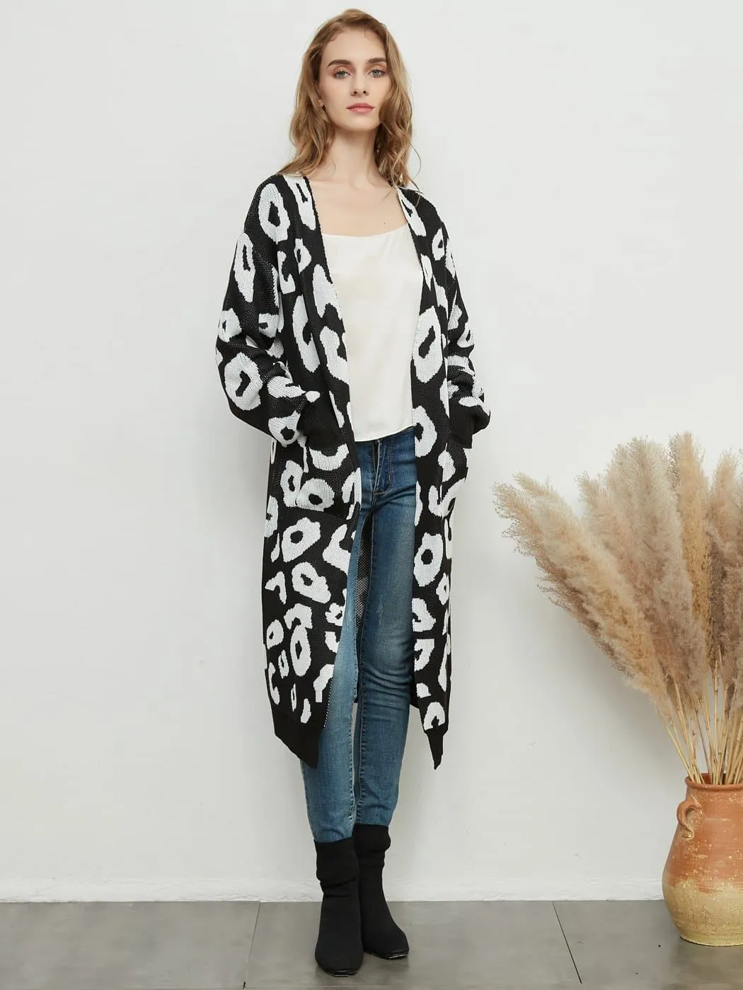 Long Sleeve Leopard Print Cardigan Open Front With Pockets