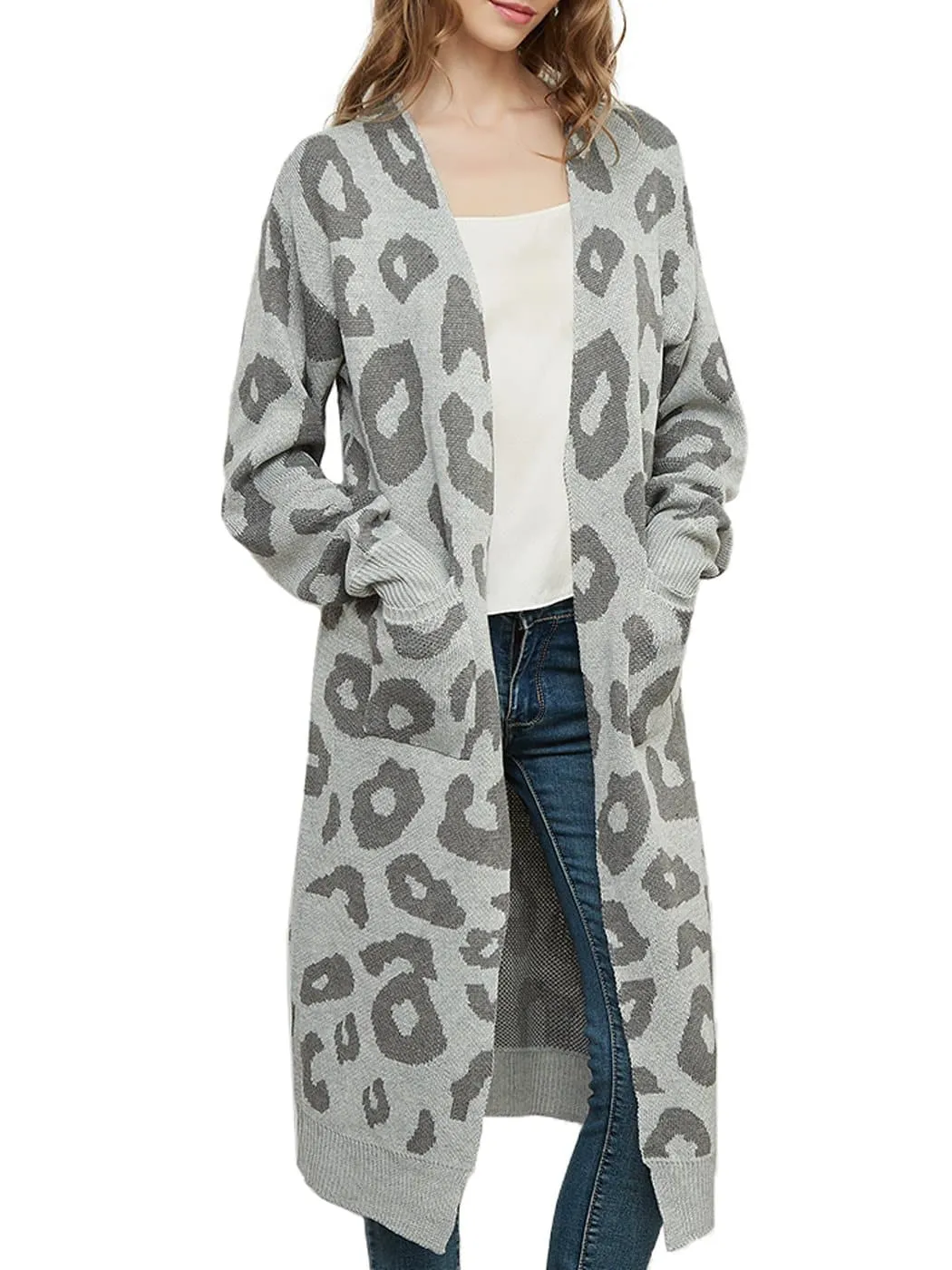 Long Sleeve Leopard Print Cardigan Open Front With Pockets