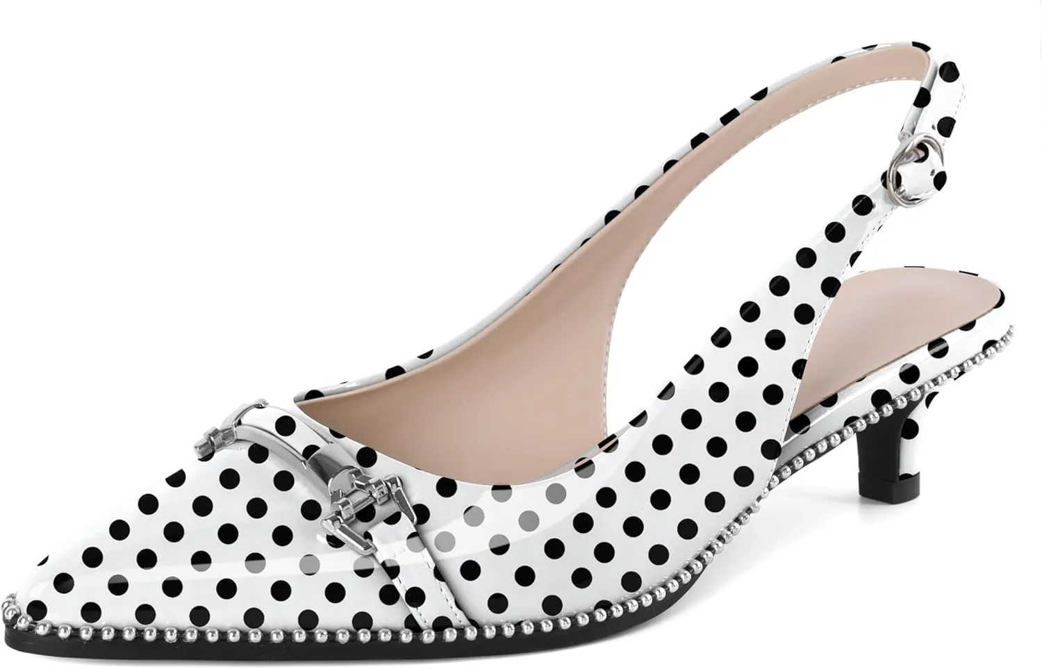 SAMMITOP Slingback Kitten Heels Low Heel Beaded Pumps Pointed Toe with Buckle Strap Heeled Sandals Wedding Party Office Dress Shoes 1.6 Inch
