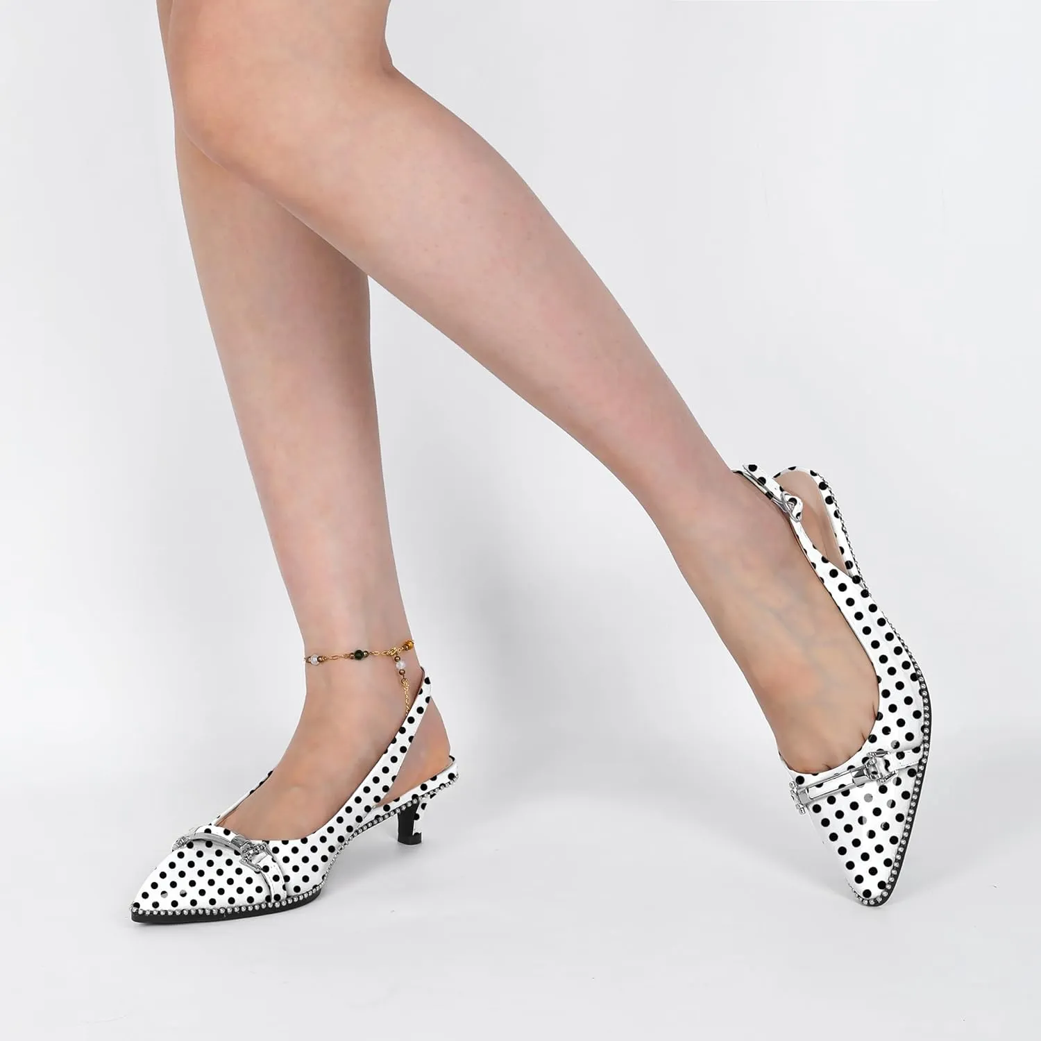SAMMITOP Slingback Kitten Heels Low Heel Beaded Pumps Pointed Toe with Buckle Strap Heeled Sandals Wedding Party Office Dress Shoes 1.6 Inch