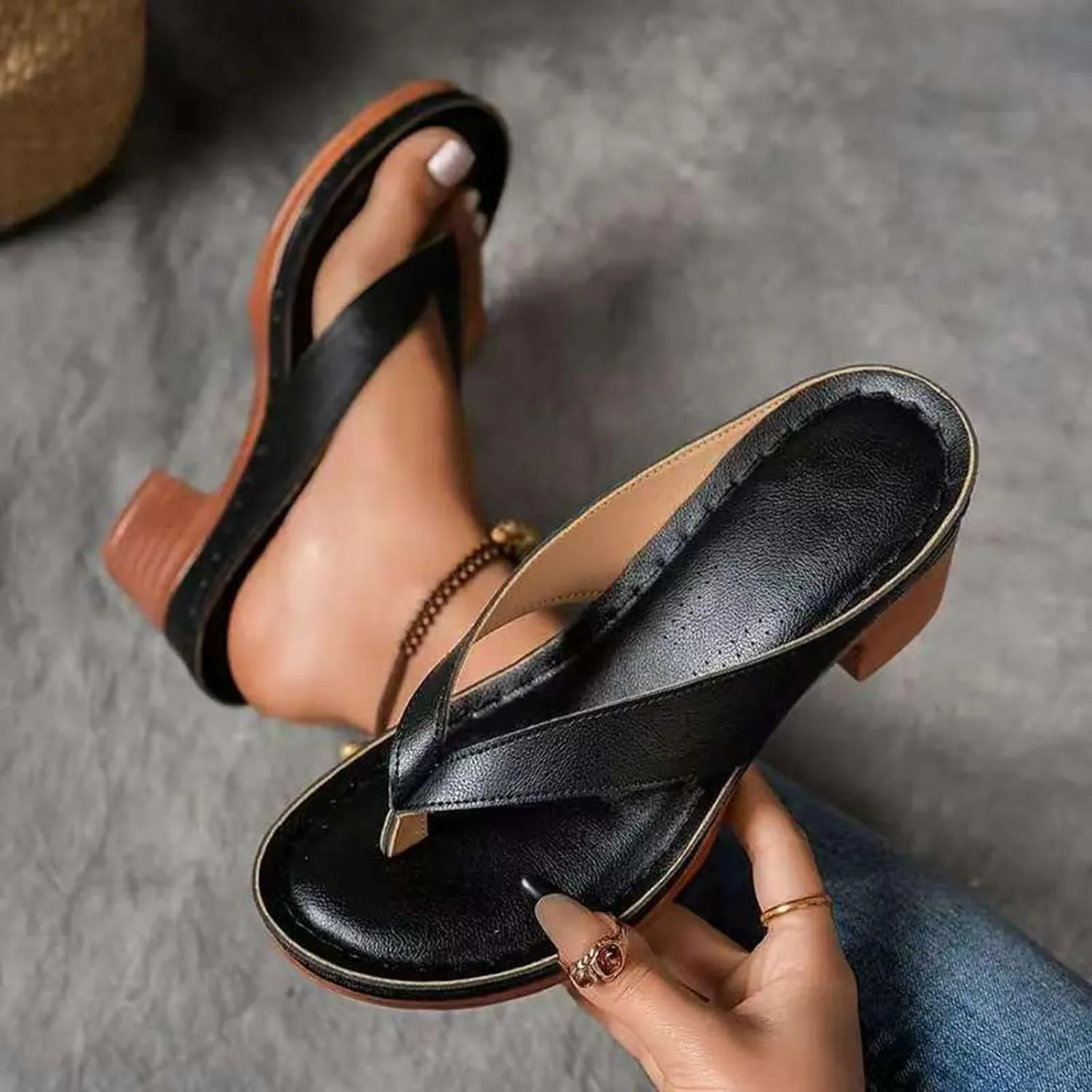 Women Summer Solid Slip On Casual Open Toe Square Heels Comfortable Beach Shoes Sandals Slide on Sandals for Women Wide