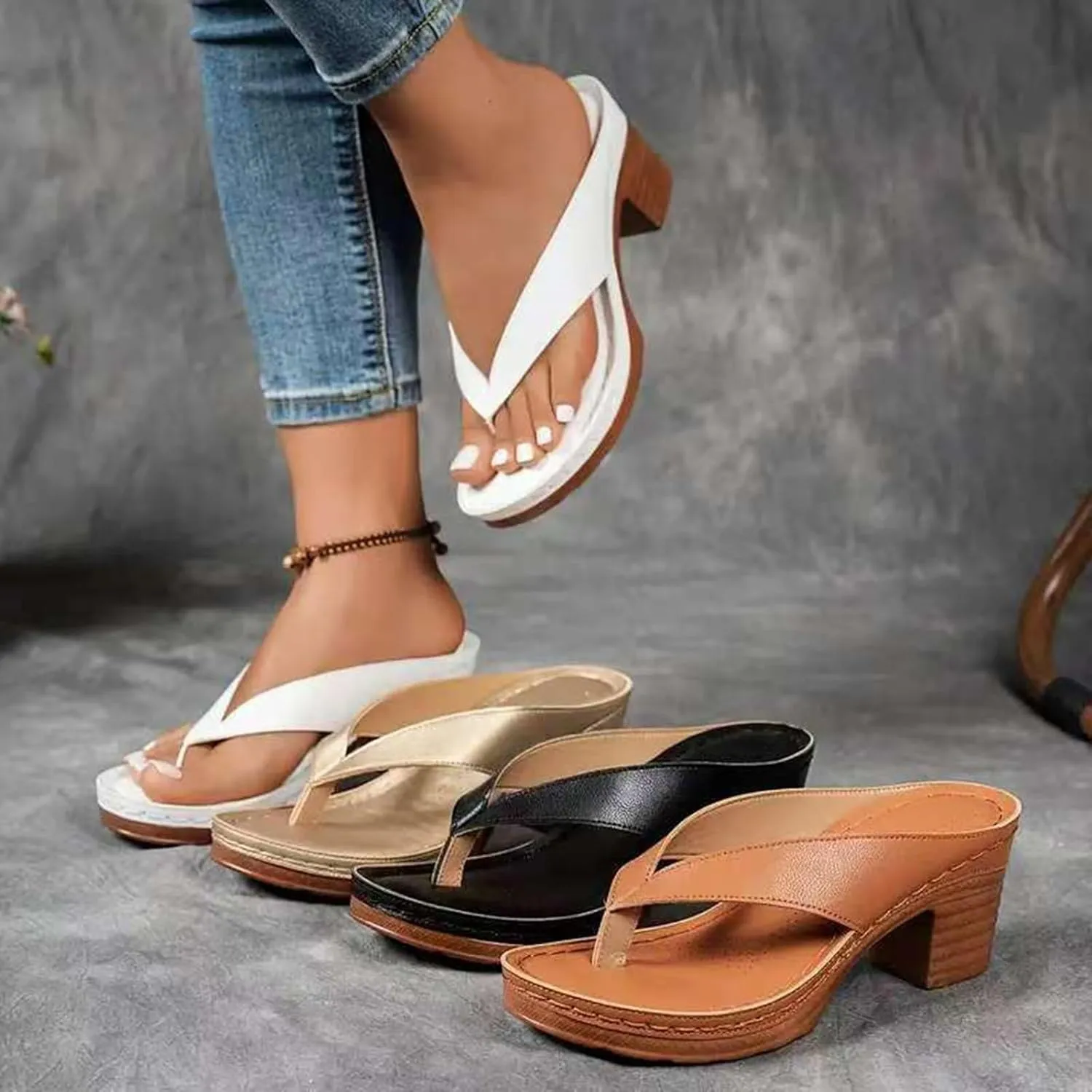 Women Summer Solid Slip On Casual Open Toe Square Heels Comfortable Beach Shoes Sandals Slide on Sandals for Women Wide