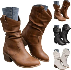 Women's Fashion Mid Calf Round Toe Chunky Heel Cowgirl Ankle Boots Pull On Boots - Black PU Leather - US Women's Size 6-10