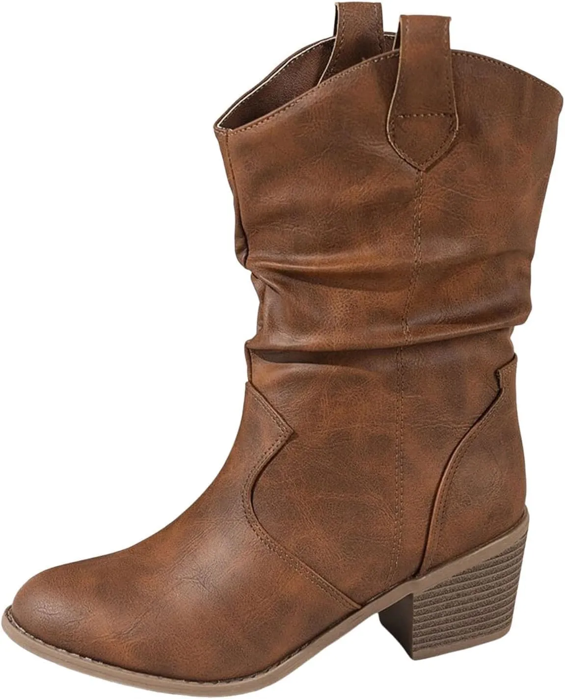 Women's Fashion Mid Calf Round Toe Chunky Heel Cowgirl Ankle Boots Pull On Boots - Black PU Leather - US Women's Size 6-10