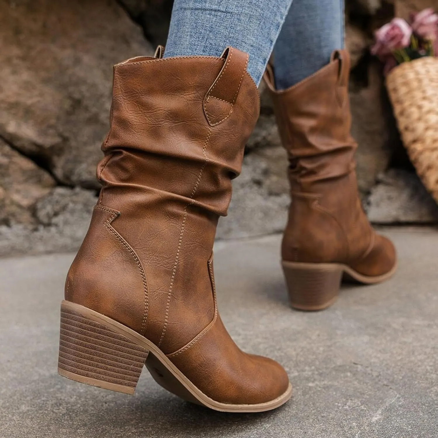 Women's Fashion Mid Calf Round Toe Chunky Heel Cowgirl Ankle Boots Pull On Boots - Black PU Leather - US Women's Size 6-10