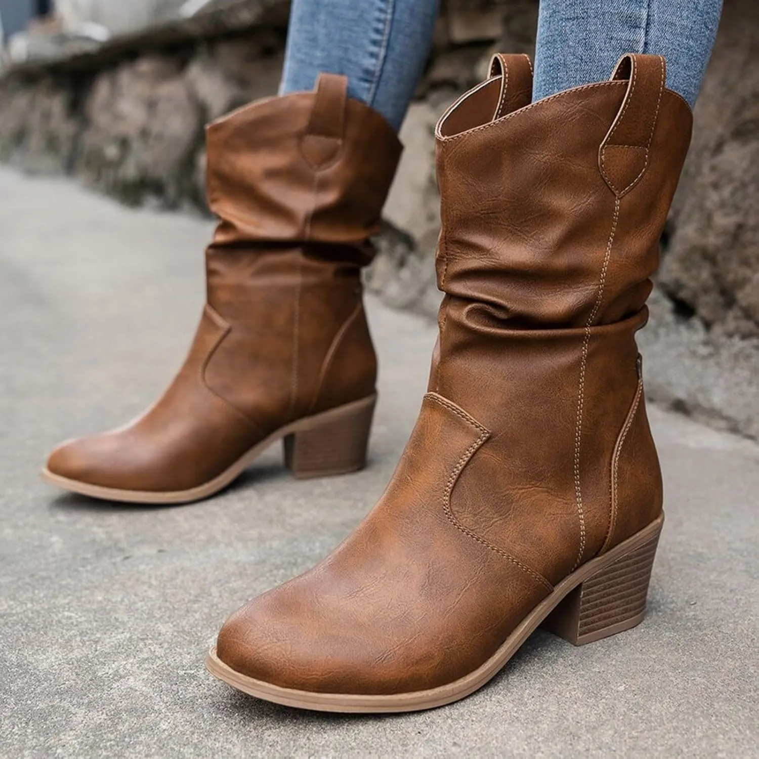 Women's Fashion Mid Calf Round Toe Chunky Heel Cowgirl Ankle Boots Pull On Boots - Black PU Leather - US Women's Size 6-10