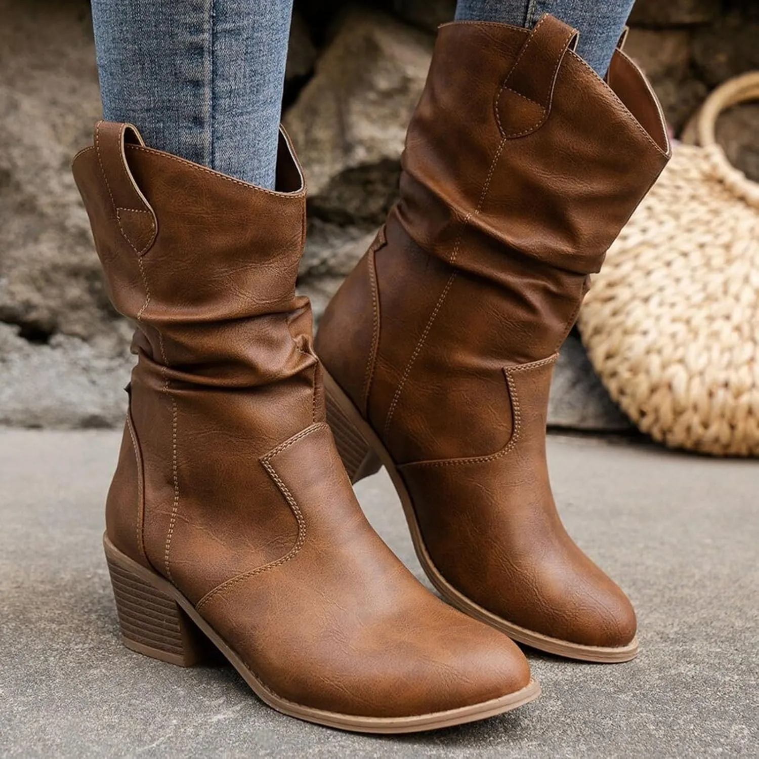Women's Fashion Mid Calf Round Toe Chunky Heel Cowgirl Ankle Boots Pull On Boots - Black PU Leather - US Women's Size 6-10