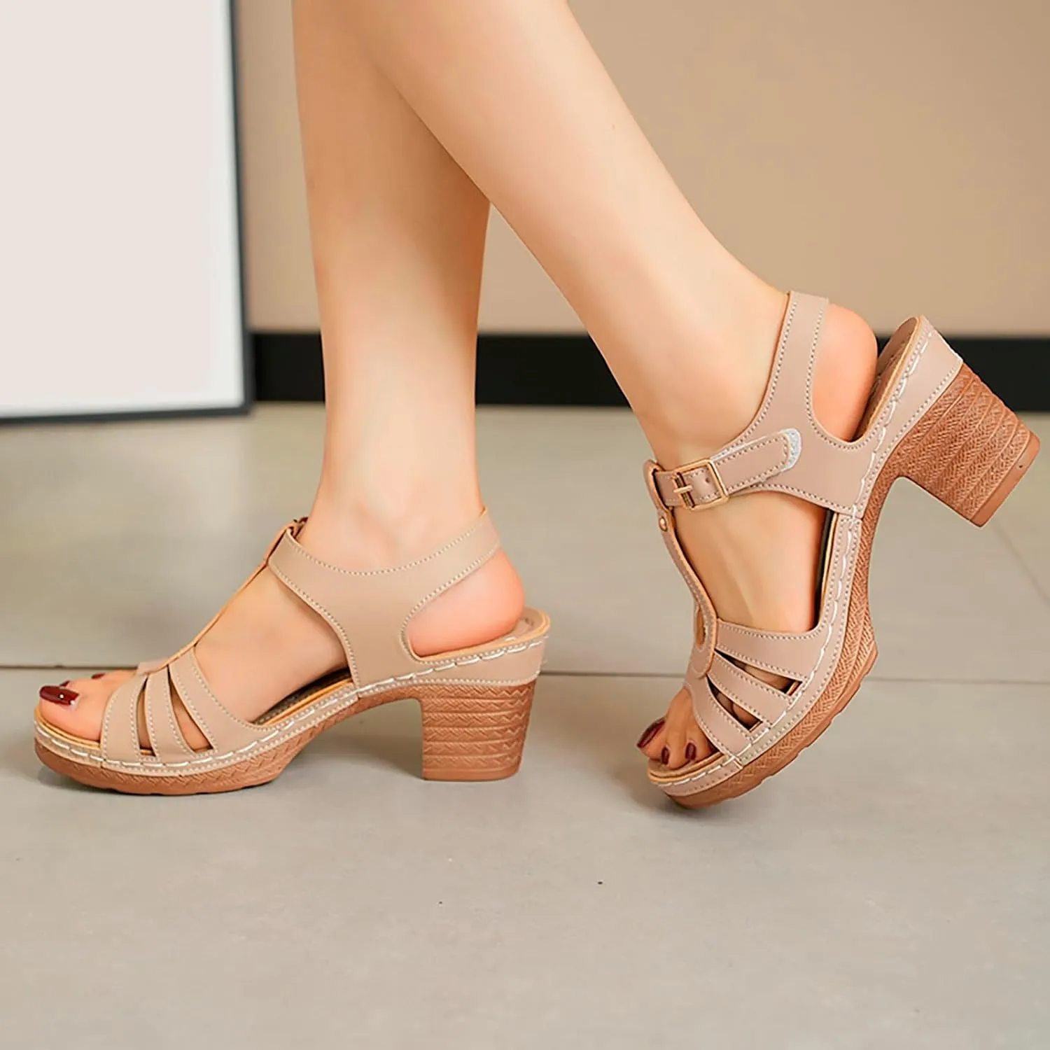 Womens Heeled Sandals Square Open Toe Small Chunky Heel Platform Sandals for Women Leather Insole Daily Sandals