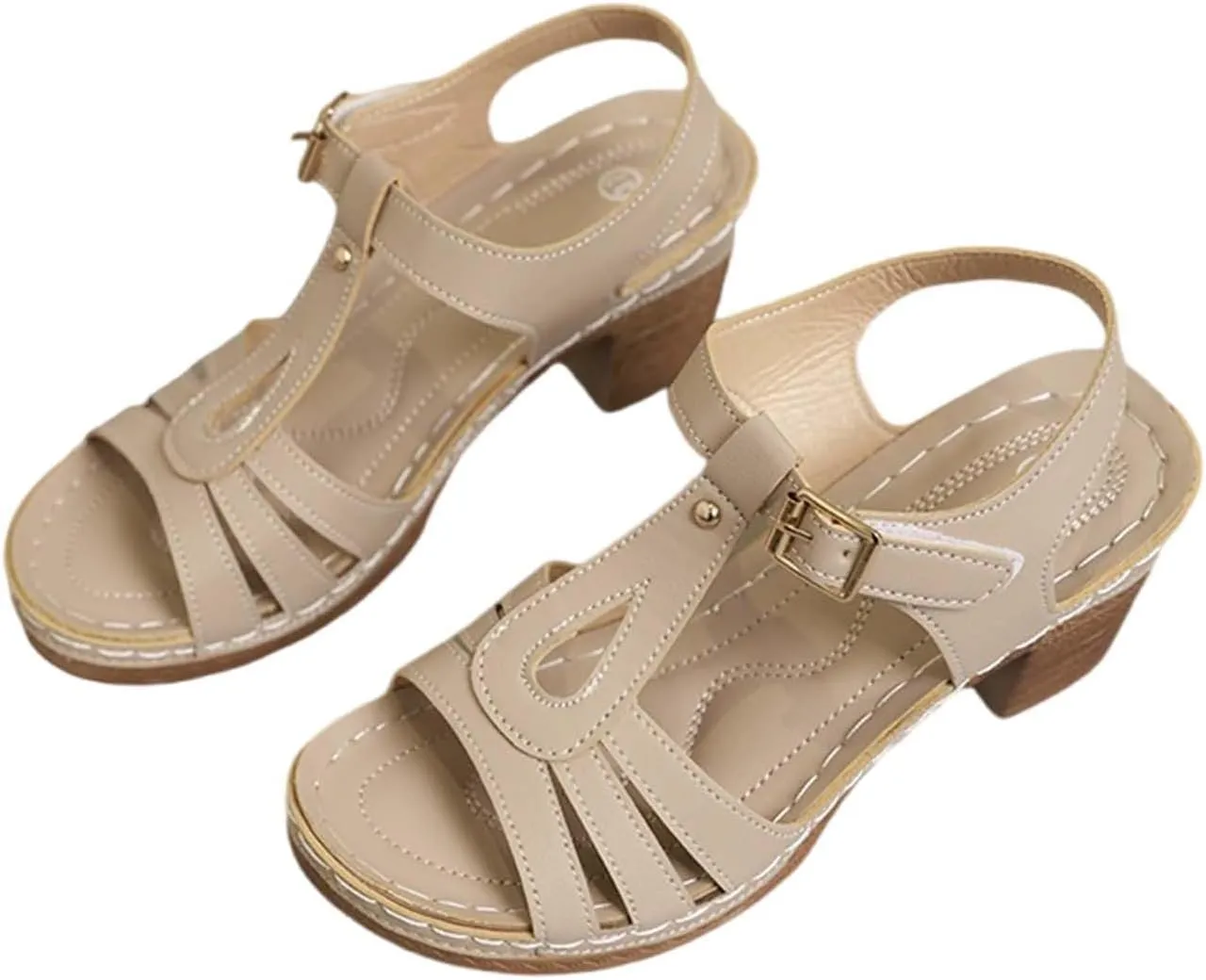 Womens Heeled Sandals Square Open Toe Small Chunky Heel Platform Sandals for Women Leather Insole Daily Sandals