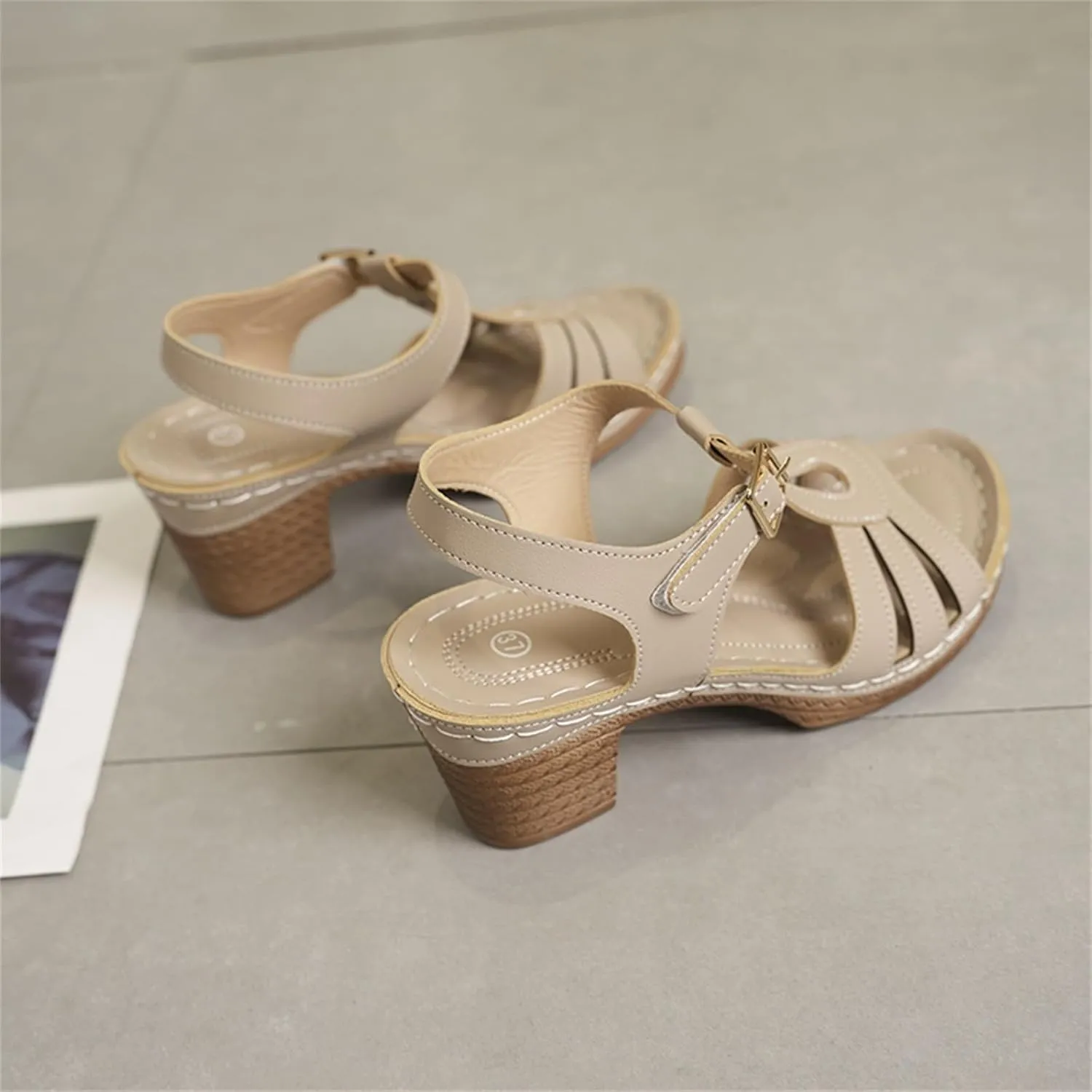 Womens Heeled Sandals Square Open Toe Small Chunky Heel Platform Sandals for Women Leather Insole Daily Sandals