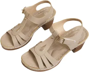Womens Heeled Sandals Square Open Toe Small Chunky Heel Platform Sandals for Women Leather Insole Daily Sandals