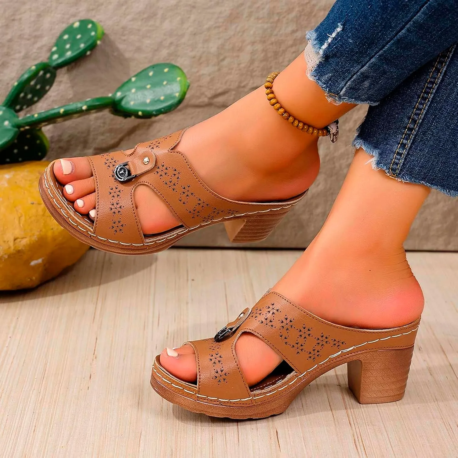 Women's Summer Fashion Sandals Mid Heel Open Toe Comfortable Casual Beach Walking Shoes Ladies Stylish Slip On